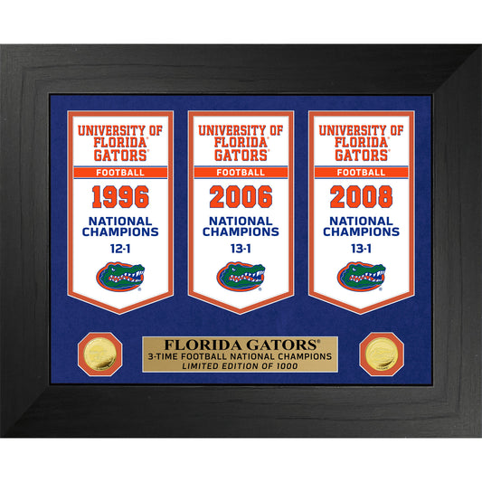 Highland Mint Florida Gators 3-Time Football National Champions 18'' x 22'' Gold Deluxe Banner Frame