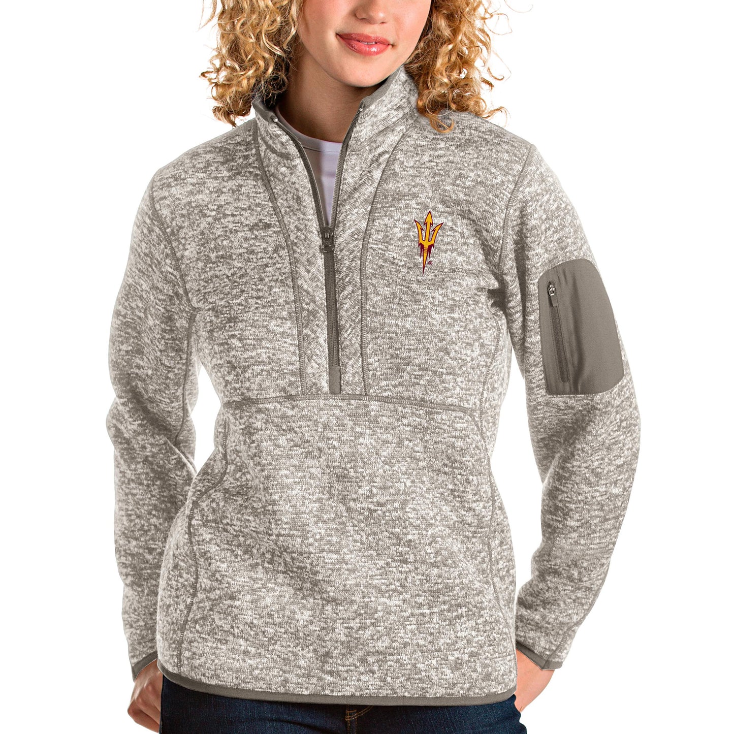 Women's Antigua Oatmeal Arizona State Sun Devils Fortune Half-Zip Pullover Sweater