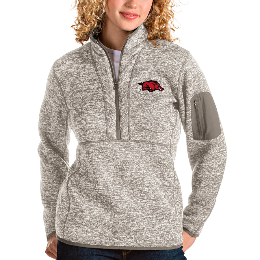 Women's Antigua Oatmeal Arkansas Razorbacks Fortune Half-Zip Pullover Sweater