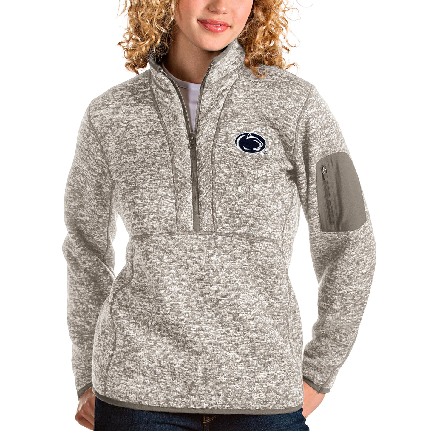 Women's Antigua Oatmeal Penn State Nittany Lions Fortune Half-Zip Pullover Sweater