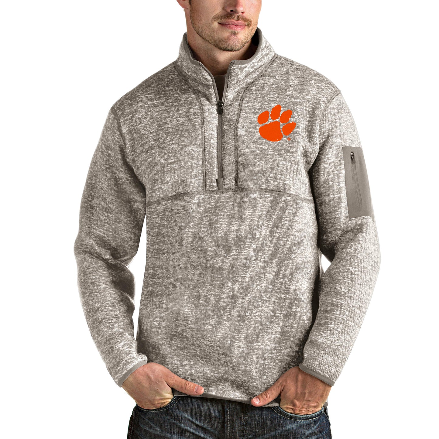 Men's Antigua Oatmeal Clemson Tigers Fortune Half-Zip Pullover Jacket