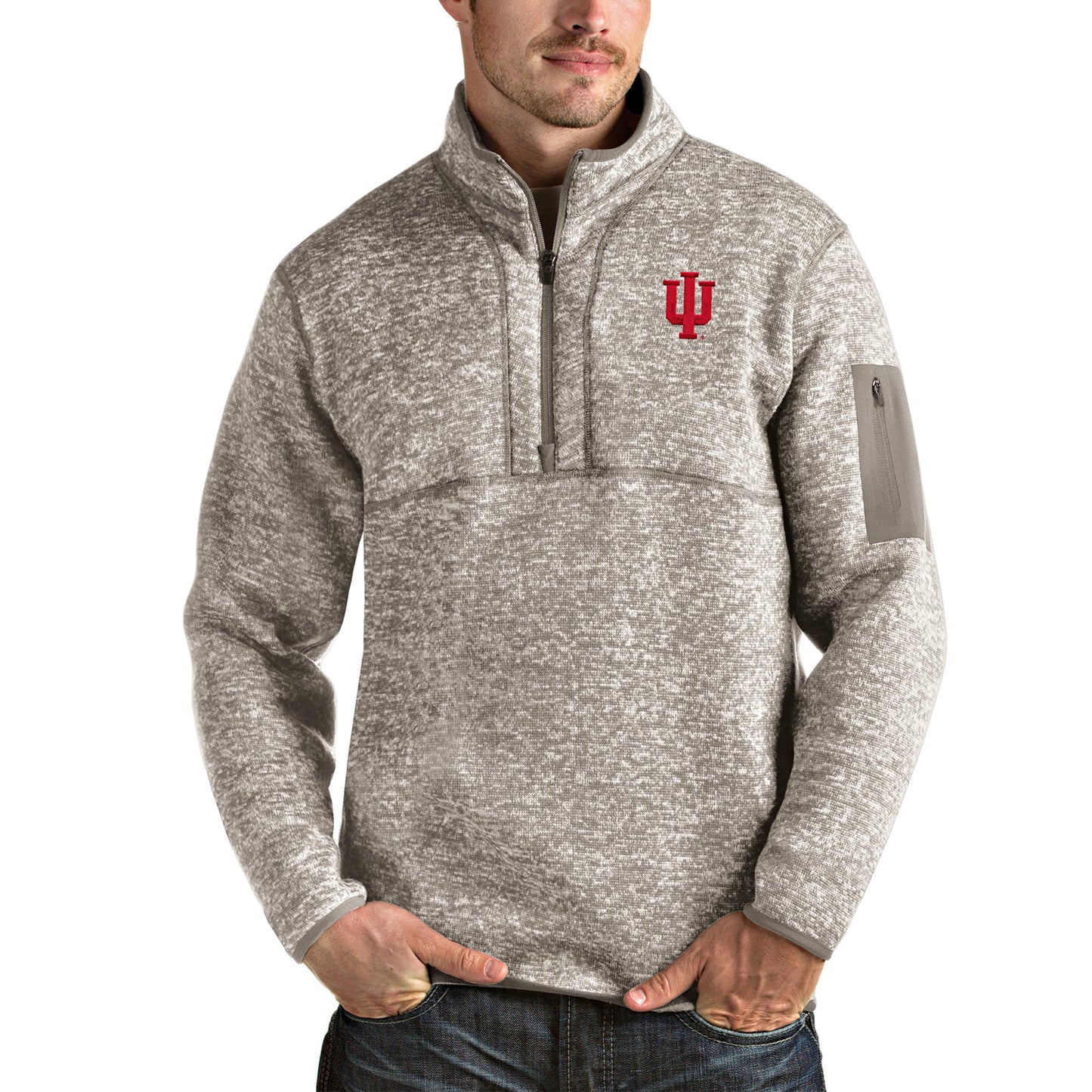 Men's Antigua Oatmeal Indiana Hoosiers Fortune Half-Zip Pullover Jacket