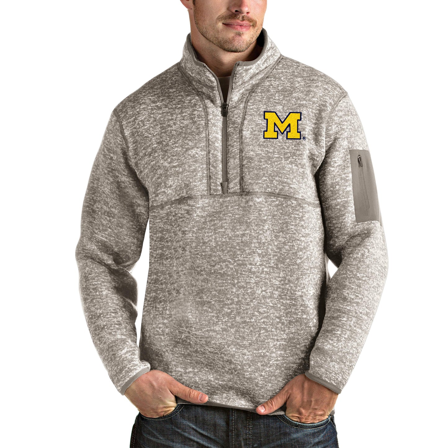 Men's Antigua Oatmeal Michigan Wolverines Fortune Half-Zip Pullover Jacket