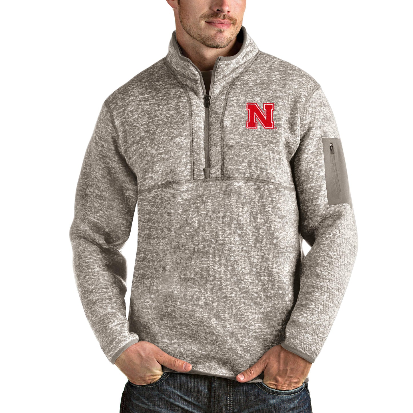 Men's Antigua Oatmeal Nebraska Huskers Fortune Half-Zip Pullover Jacket