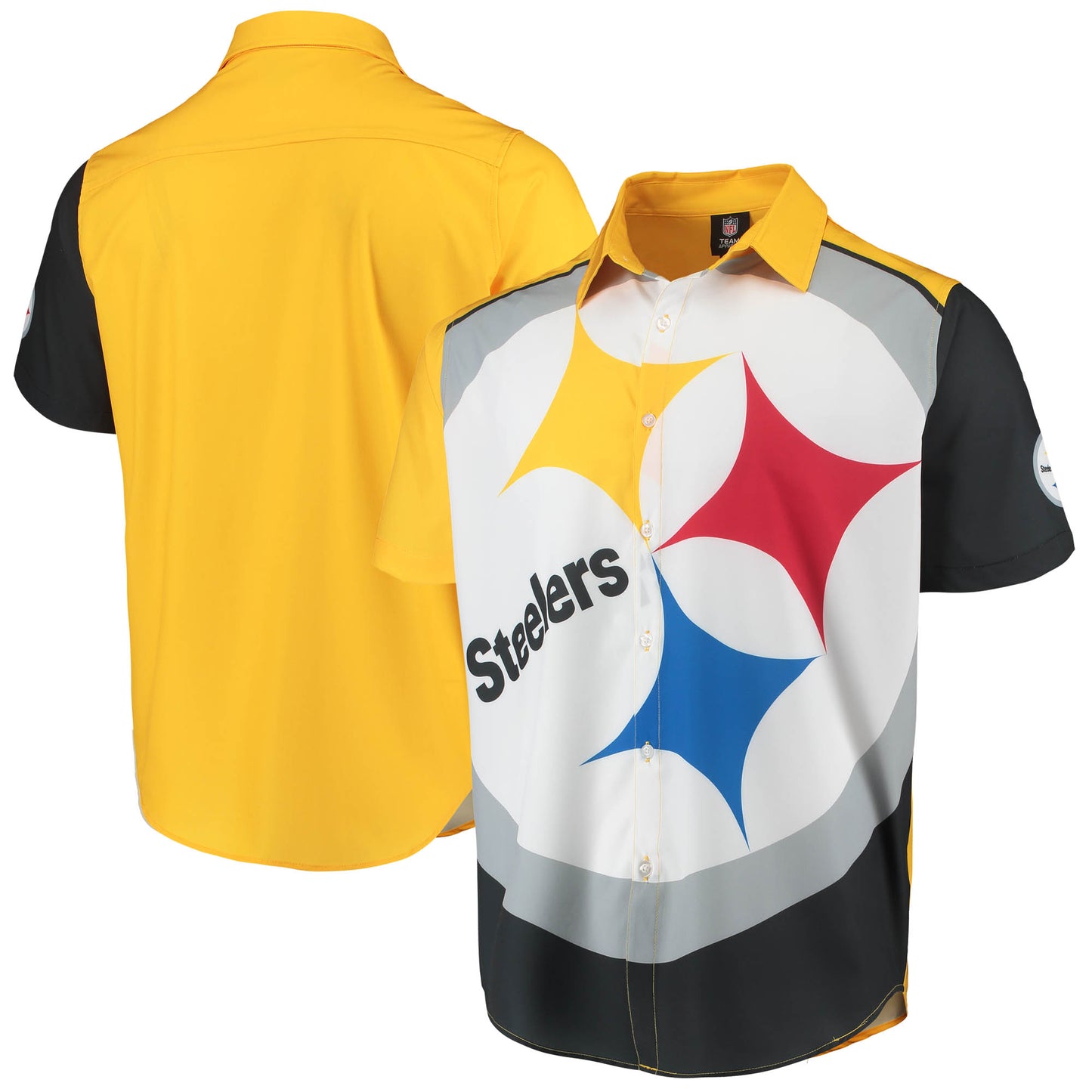 Men's Black Pittsburgh Steelers Big Logo Button-Up Woven T-Shirt