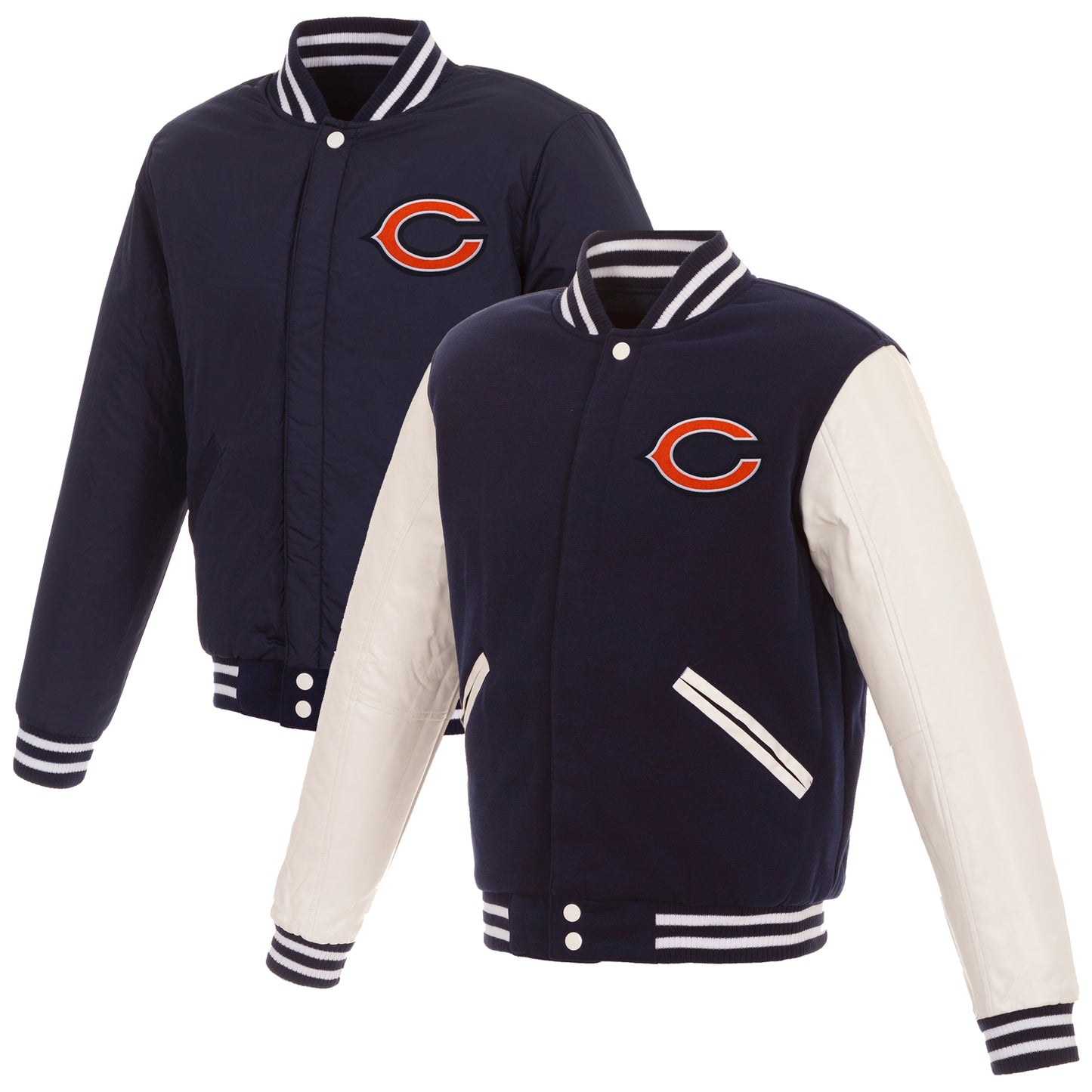 Men's JH Design Navy/White Chicago Bears 19 Mens Reversible Fleece Jacket W/ Faux Leather Sleeves