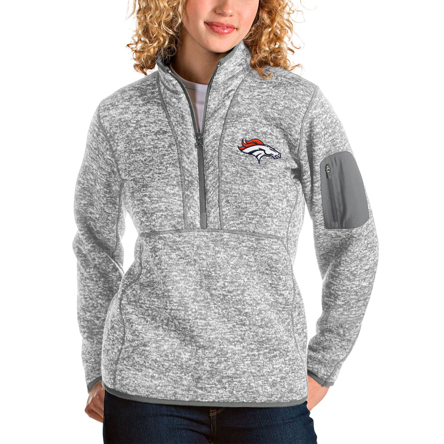 Women's Antigua Gray Denver Broncos Fortune Half-Zip Pullover Jacket