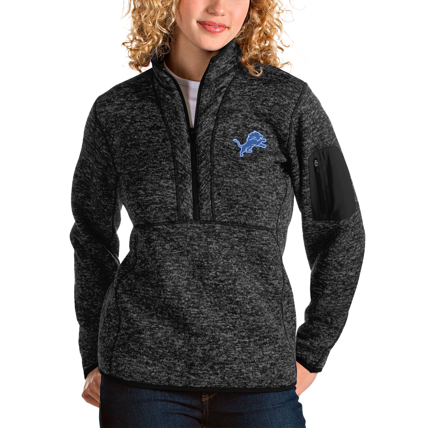 Women's Antigua Black Detroit Lions Fortune Half-Zip Pullover Jacket