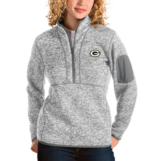 Women's Antigua Gray Green Bay Packers Fortune Half-Zip Pullover Jacket