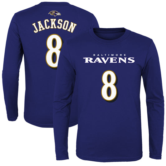 Youth Lamar Jackson Purple Baltimore Ravens Mainliner Name & Number Long Sleeve T-Shirt