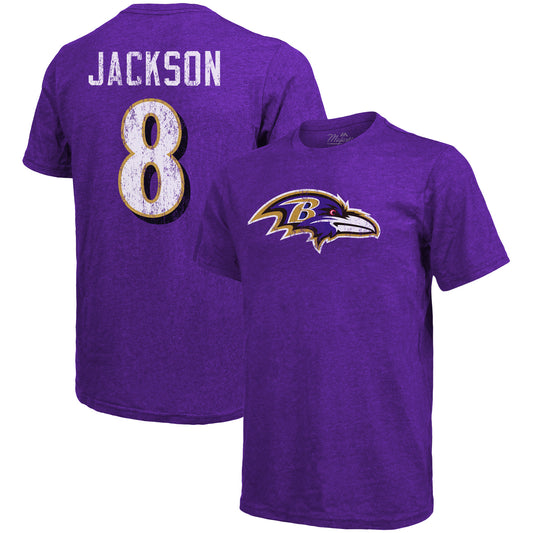 Men's Majestic Threads Lamar Jackson Purple Baltimore Ravens Tri-Blend Name & Number T-Shirt