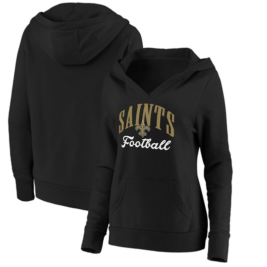 Women's Fanatics Black New Orleans Saints Team Victory Script Crossover Pullover Hoodie