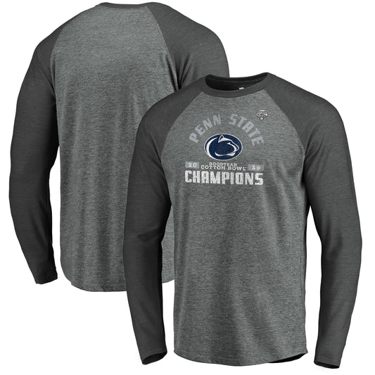 Men's Fanatics Heather Gray Penn State Nittany Lions 2019 Cotton Bowl Champions Offensive Long Sleeve Tri-Blend Raglan T-Shirt