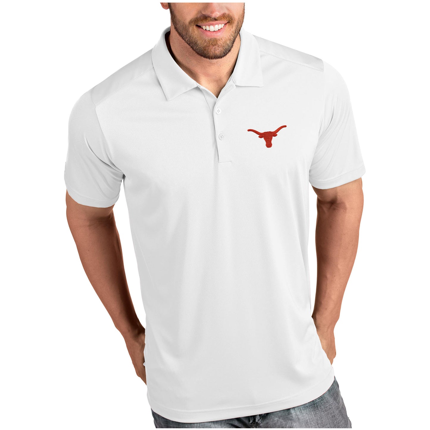 Men's Antigua White Texas Longhorns Desert Dry Tribute Polo