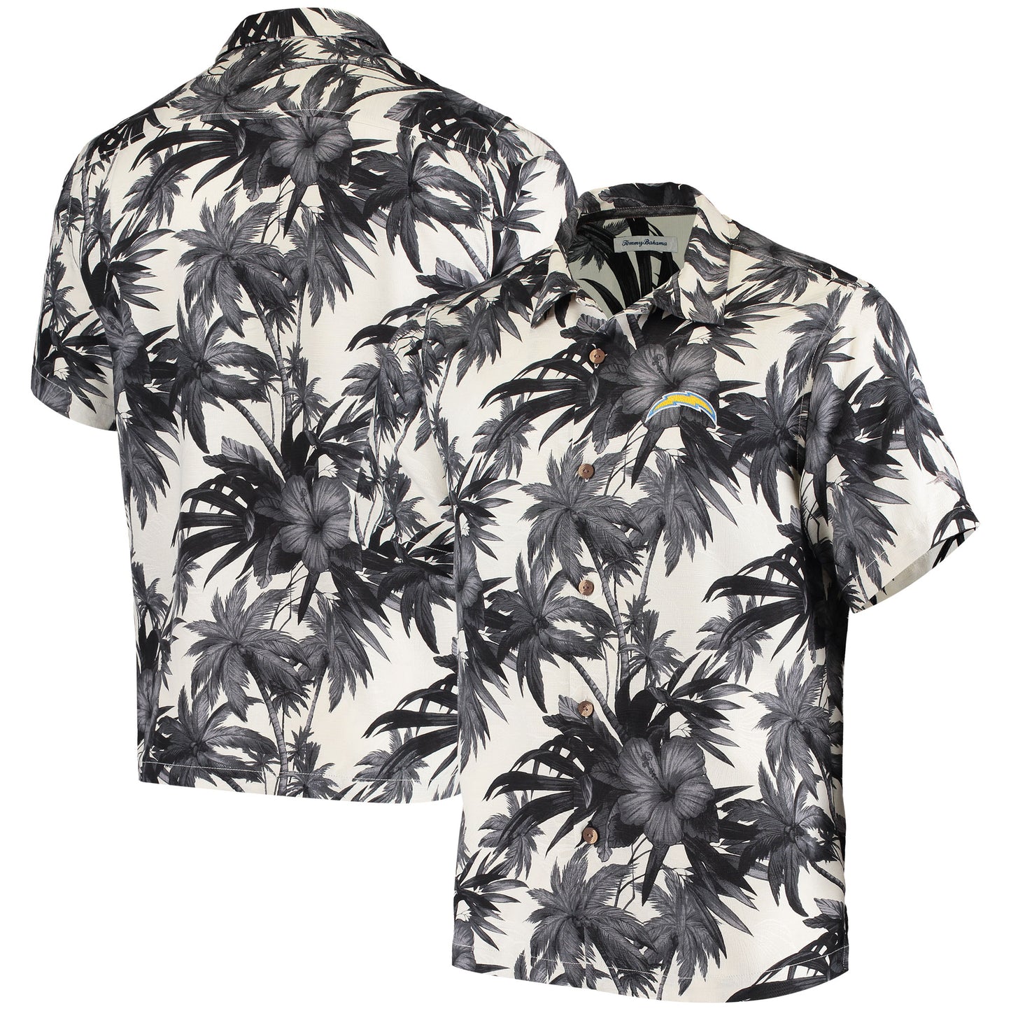 Men's Tommy Bahama Black Los Angeles Chargers Sport Harbor Island Hibiscus Camp Button-Up Shirt