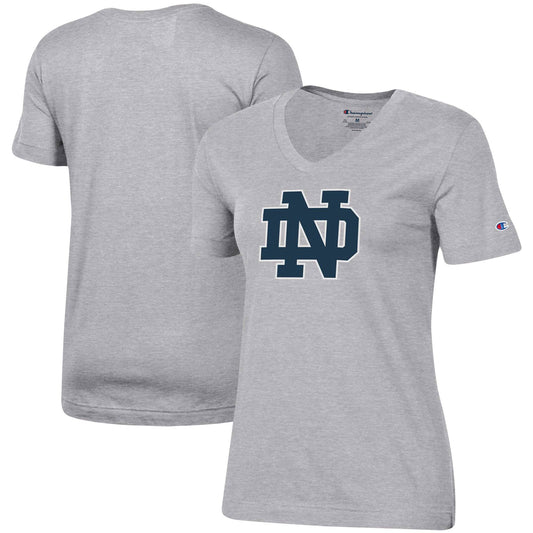 Women's Champion Heathered Gray Notre Dame Fighting Irish Primary Team Logo V-Neck T-Shirt