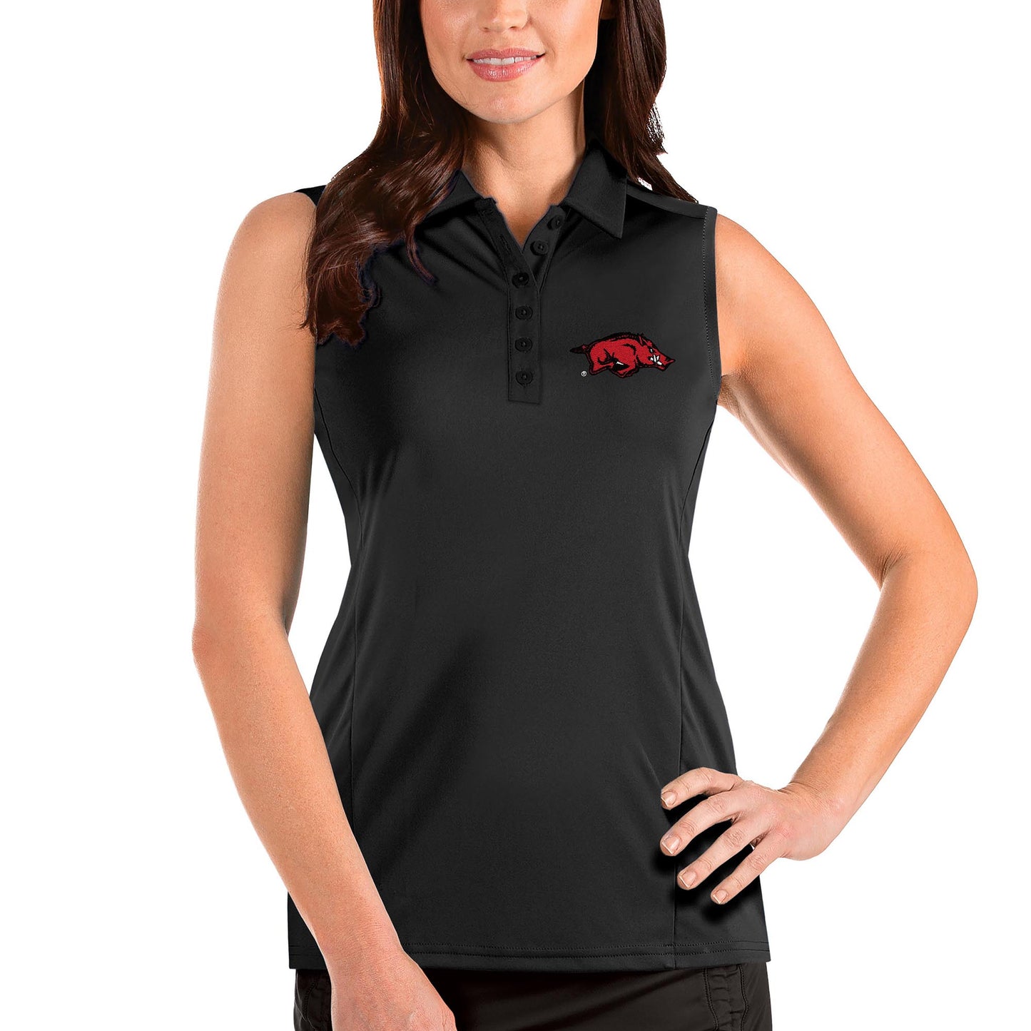 Women's Antigua Black Arkansas Razorbacks Tribute Sleeveless Polo