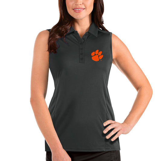 Women's Antigua Charcoal Clemson Tigers Tribute Sleeveless Polo