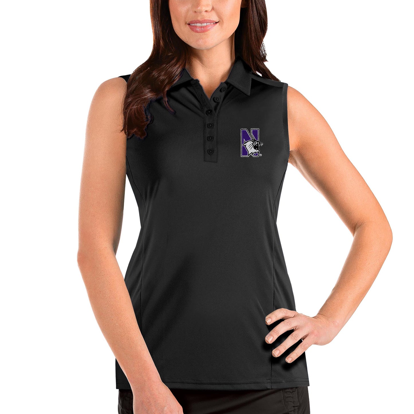 Women's Antigua Black Northwestern Wildcats Tribute Sleeveless Polo