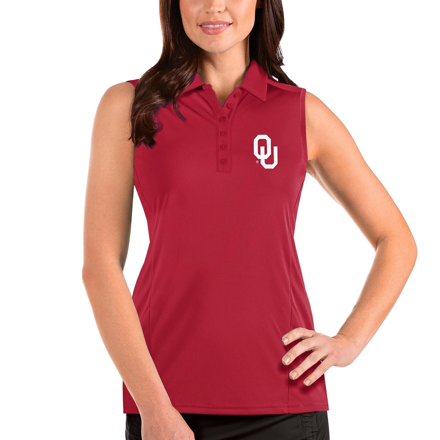 Women's Antigua Crimson Oklahoma Sooners Tribute Sleeveless Polo