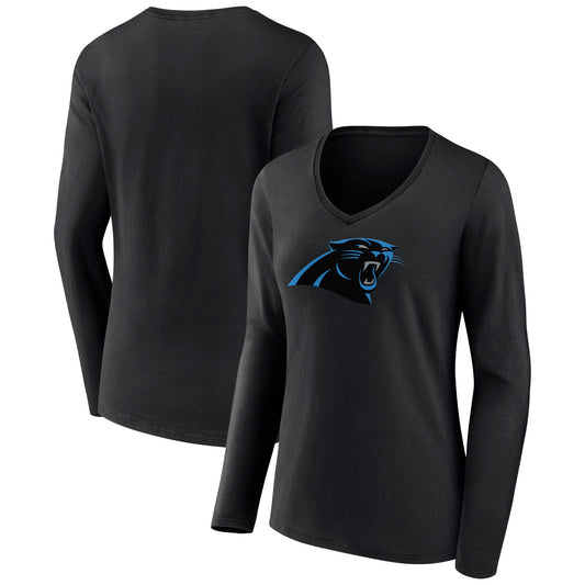 Women's Black Carolina Panthers Primary Team Logo Long Sleeve V-Neck T-Shirt