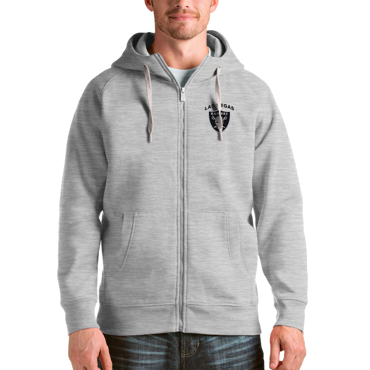 Men's Antigua Heather Gray Las Vegas Raiders Victory Full-Zip Hoodie