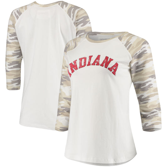 Women's White/Camo Indiana Hoosiers Boyfriend Baseball Raglan 3/4 Sleeve T-Shirt