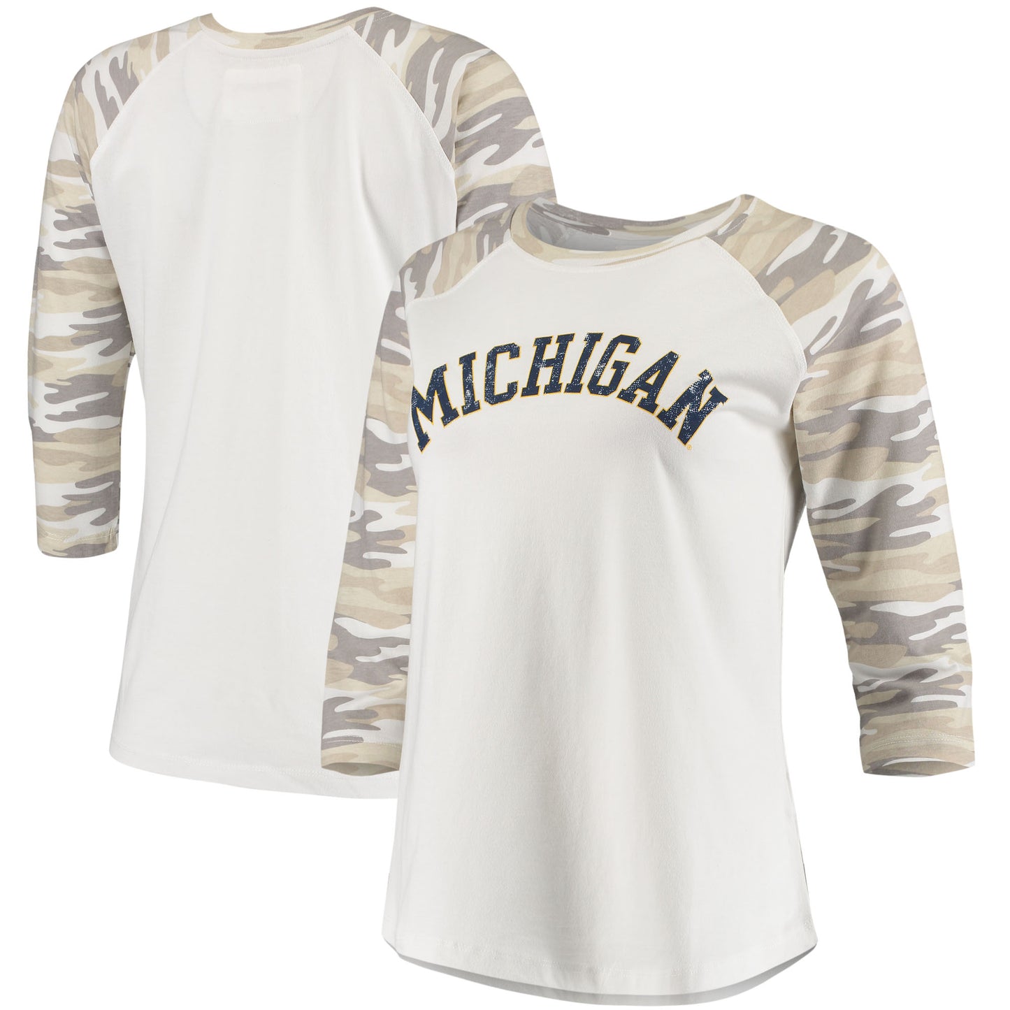 Women's White/Camo Michigan Wolverines Boyfriend Baseball Raglan 3/4 Sleeve T-Shirt
