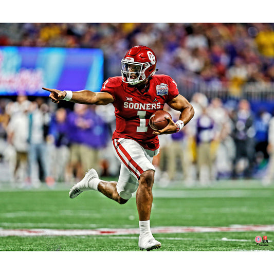 Jalen Hurts Oklahoma Sooners Unsigned Red Jersey Running Photograph