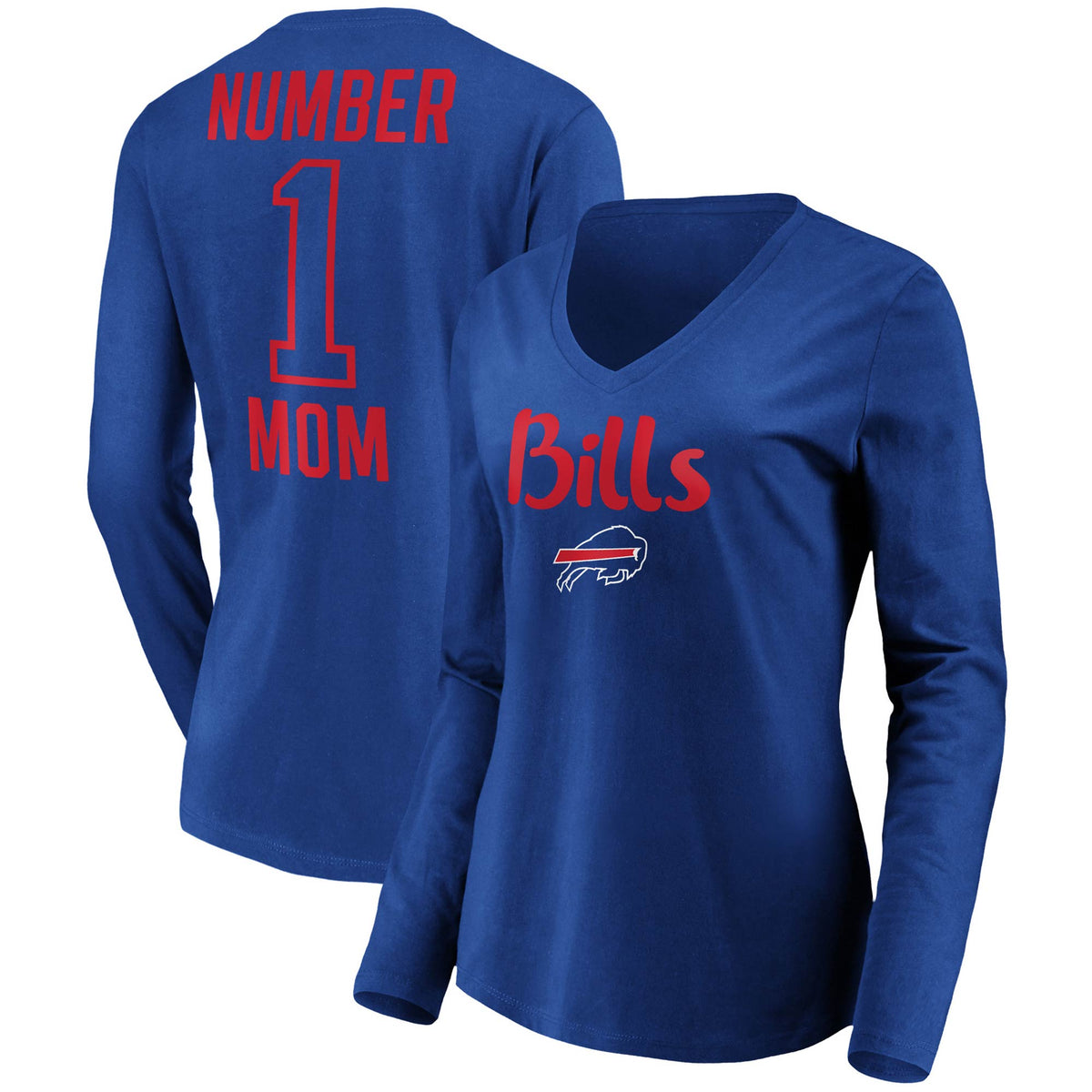 Women's Royal Buffalo Bills #1 Mom Long Sleeve V-Neck T-Shirt