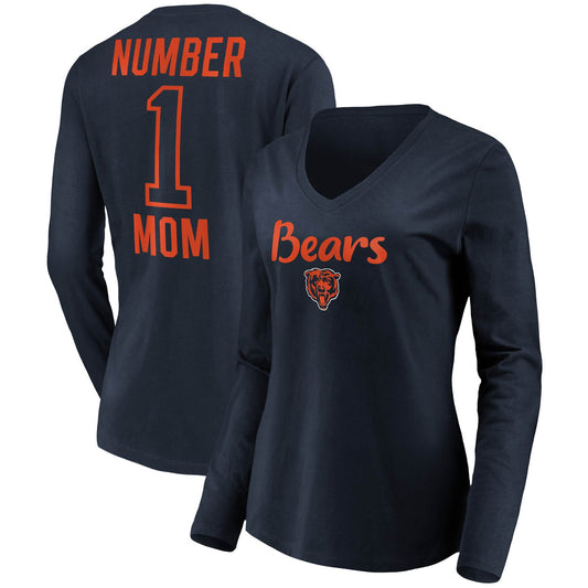 Women's Navy Chicago Bears #1 Mom Long Sleeve V-Neck T-Shirt