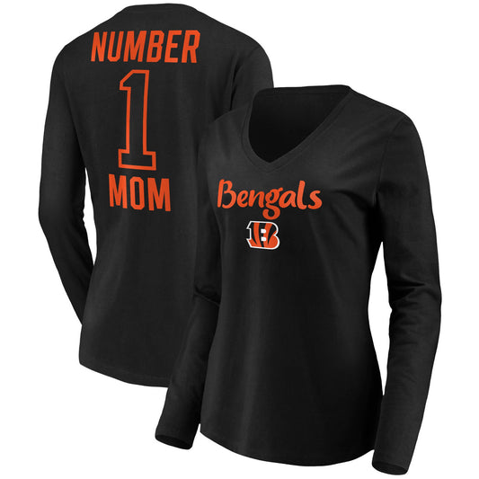 Women's Black Cincinnati Bengals #1 Mom Long Sleeve V-Neck T-Shirt