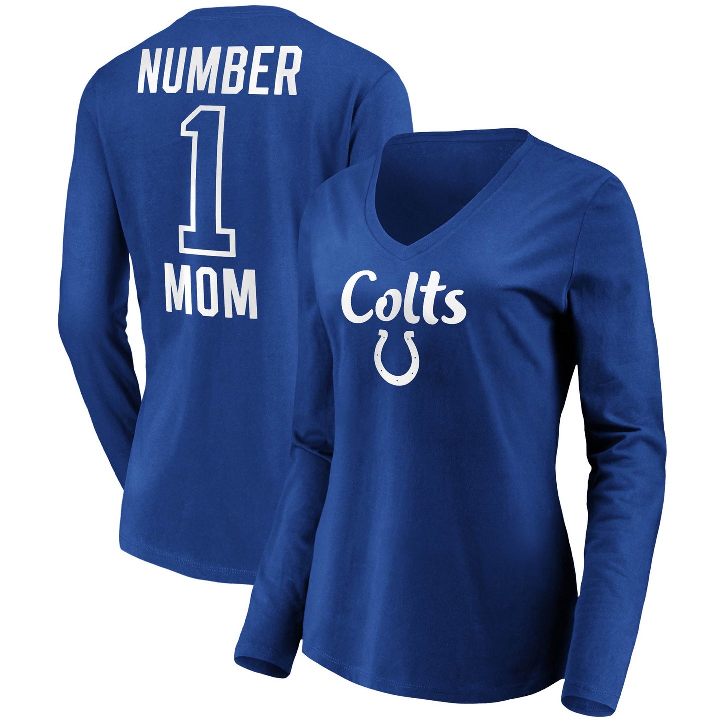 Women's Royal Indianapolis Colts #1 Mom Long Sleeve V-Neck T-Shirt