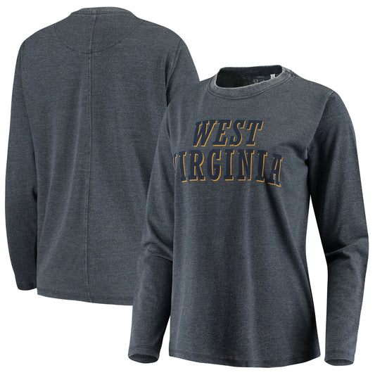 Women's Pressbox Navy West Virginia Mountaineers Tonal Block Vintage Wash Long Sleeve T-Shirt