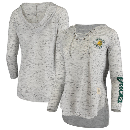 Women's Pressbox Gray Oregon Ducks Space Dye Lace-Up V-Neck Long Sleeve T-Shirt