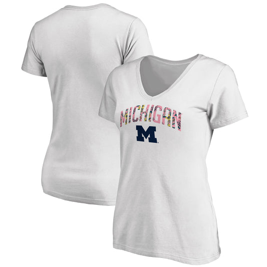 Women's White Michigan Wolverines Floral Arched V-Neck T-Shirt