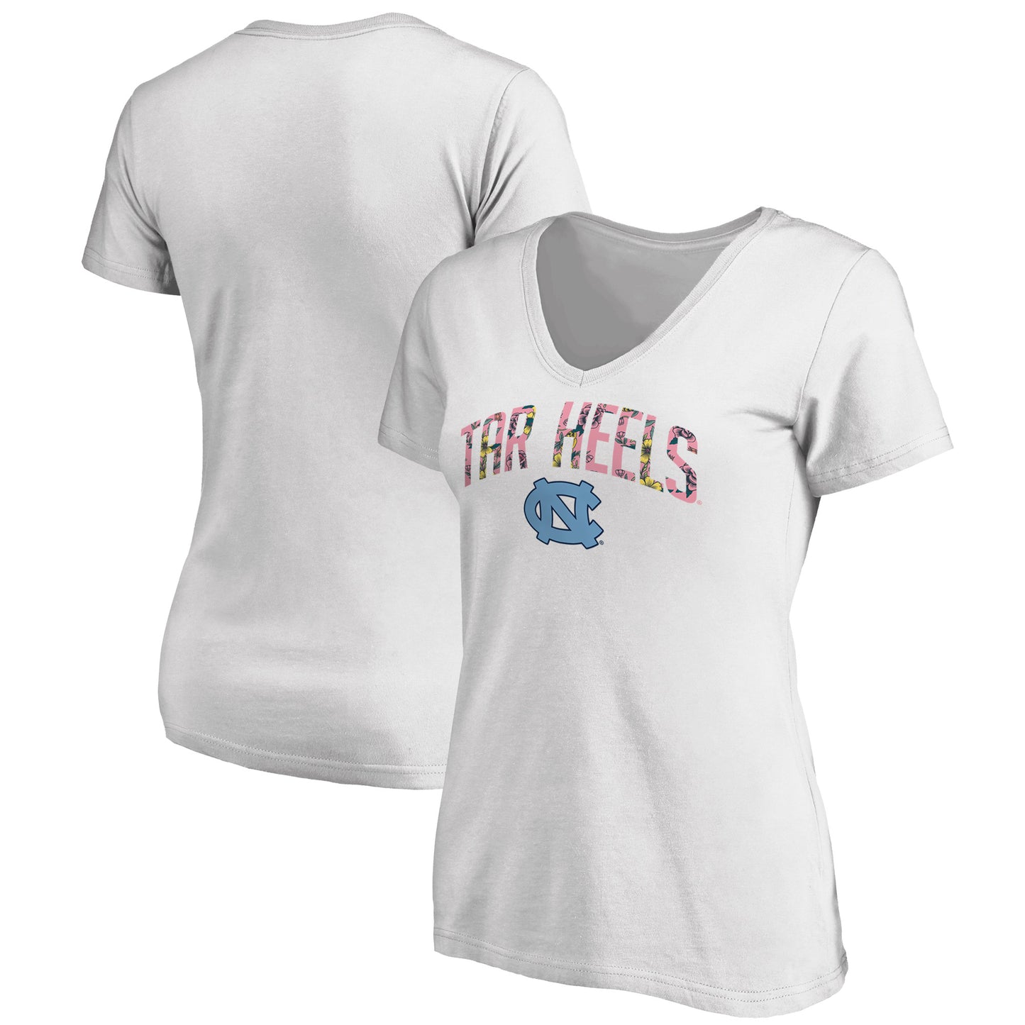 Women's White North Carolina Tar Heels Floral Arched V-Neck T-Shirt