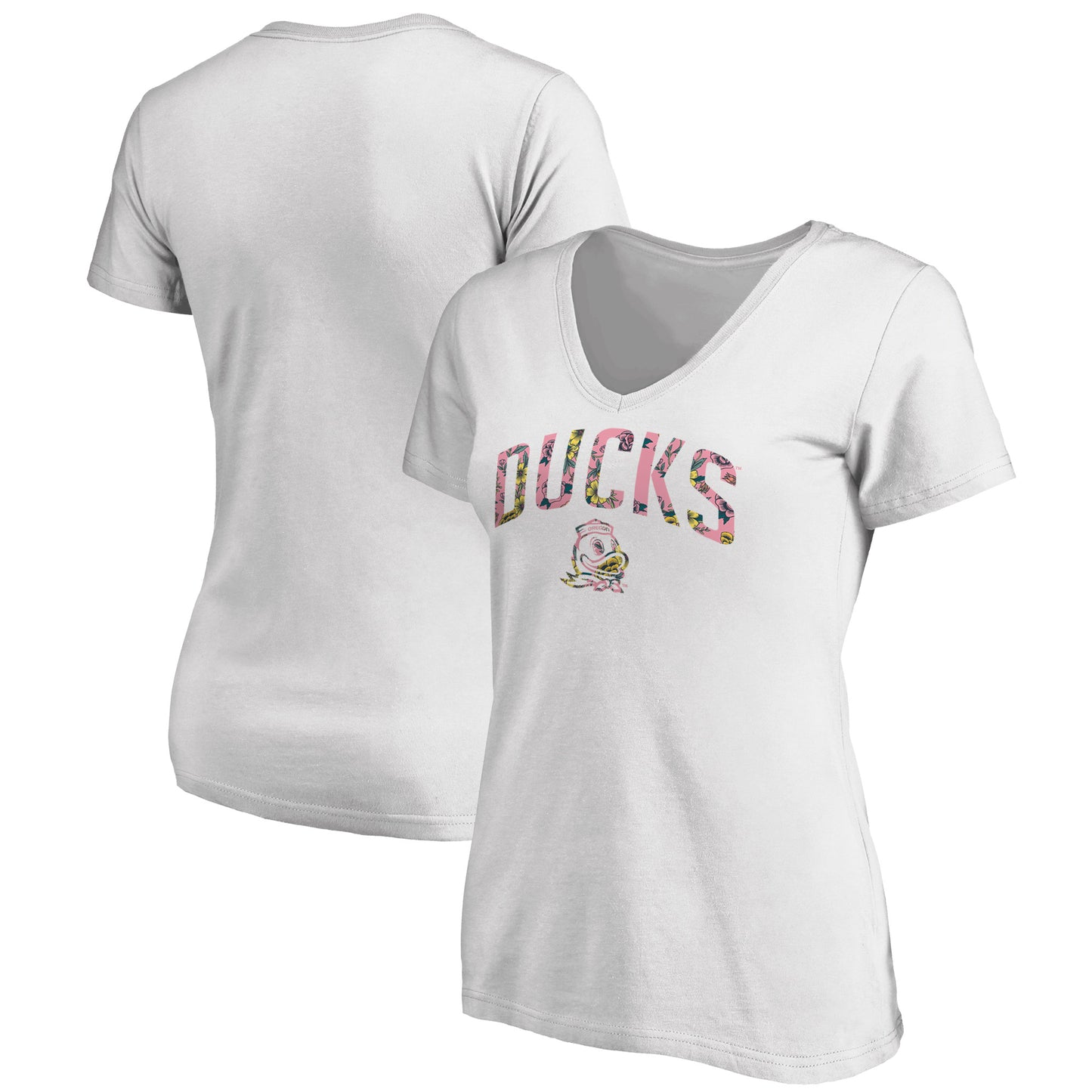 Women's White Oregon Ducks Floral Arched V-Neck T-Shirt