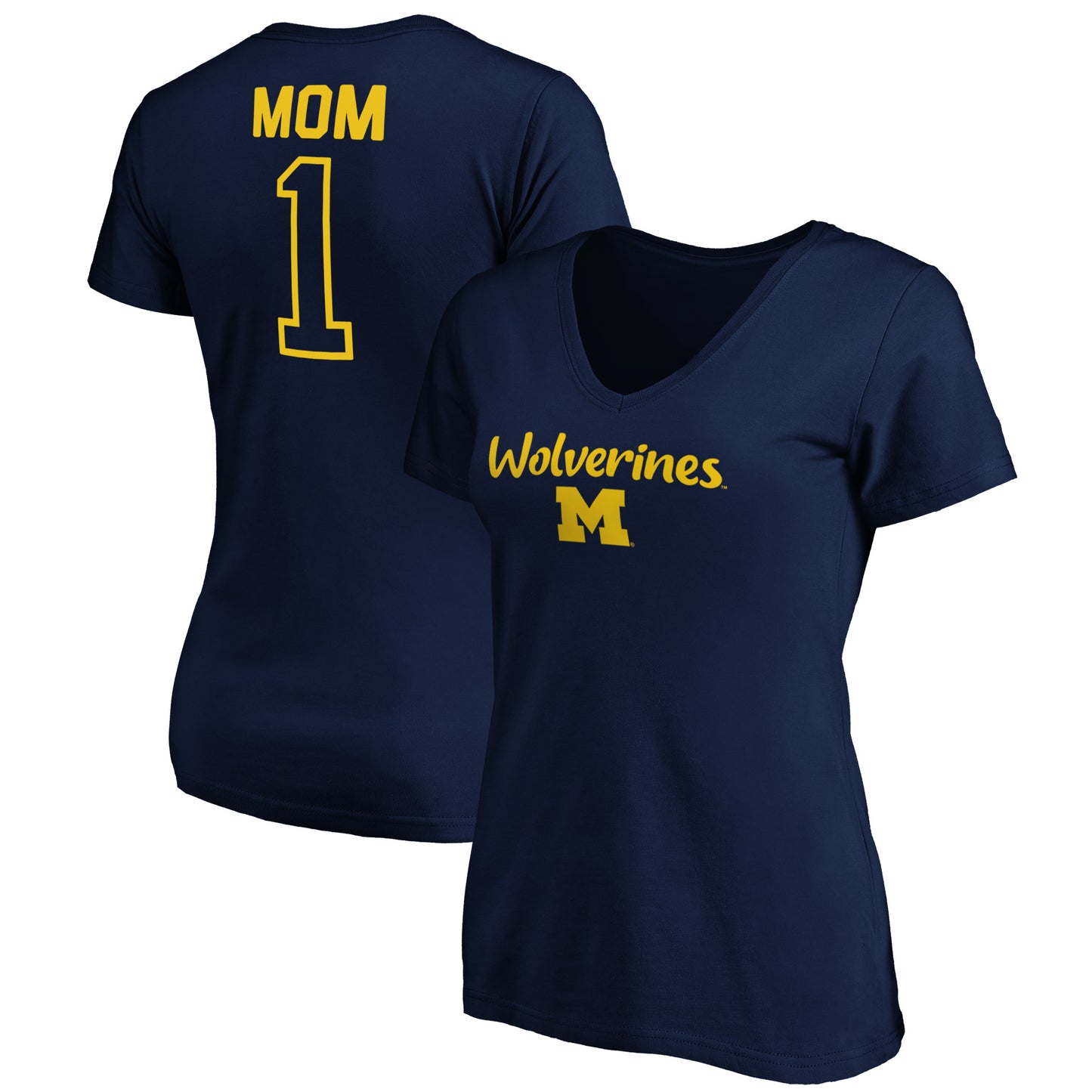 Women's Navy Michigan Wolverines #1 Mom V-Neck T-Shirt