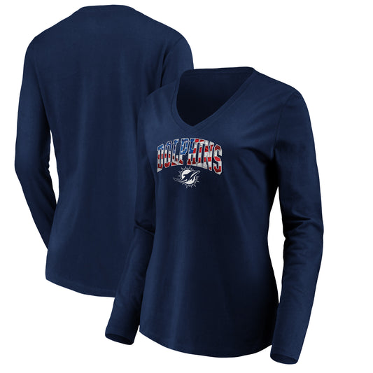 Women's NFL Pro Line Navy Miami Dolphins Banner Wave V-Neck Long Sleeve T-Shirt