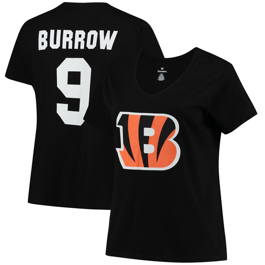 Women's Joe Burrow Black Cincinnati Bengals Plus Size Fair Catch Name & Number V-Neck T-Shirt