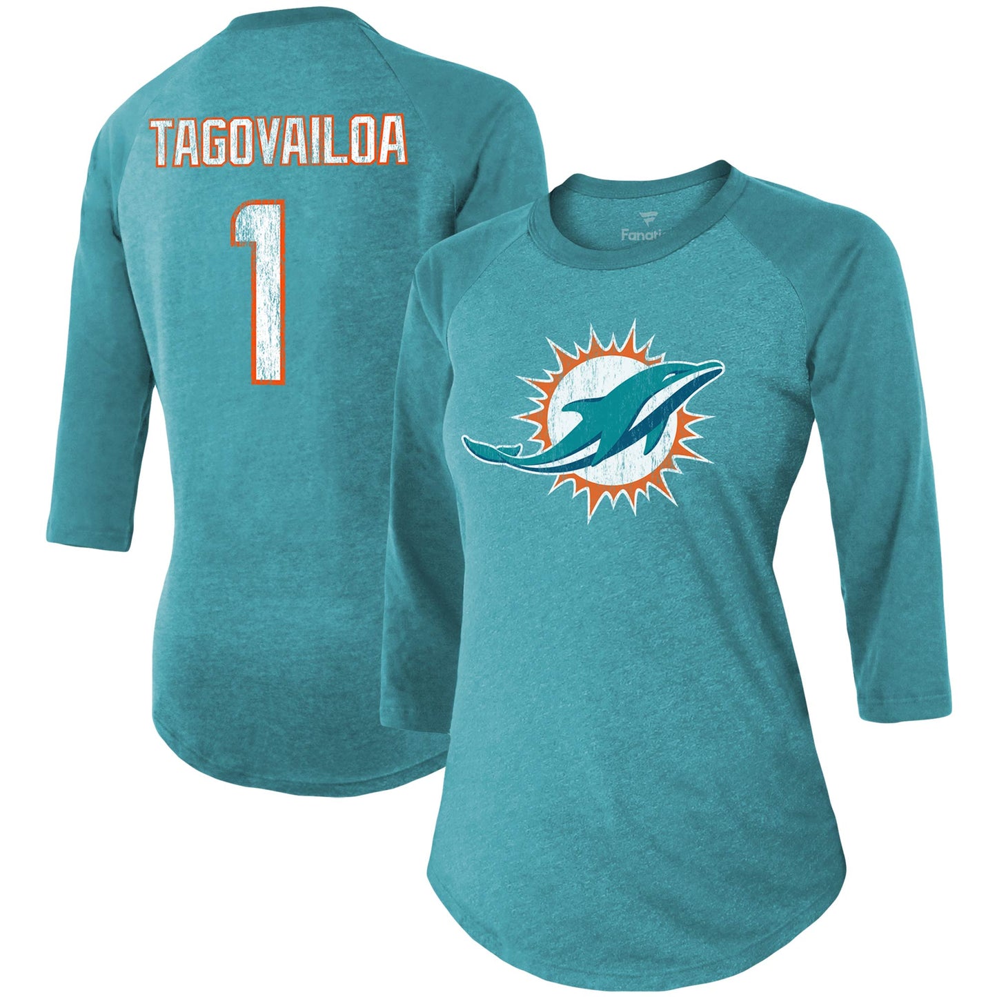 Women's Majestic Threads Tua Tagovailoa Aqua Miami Dolphins Player Name & Number Tri-Blend 3/4-Sleeve Fitted T-Shirt