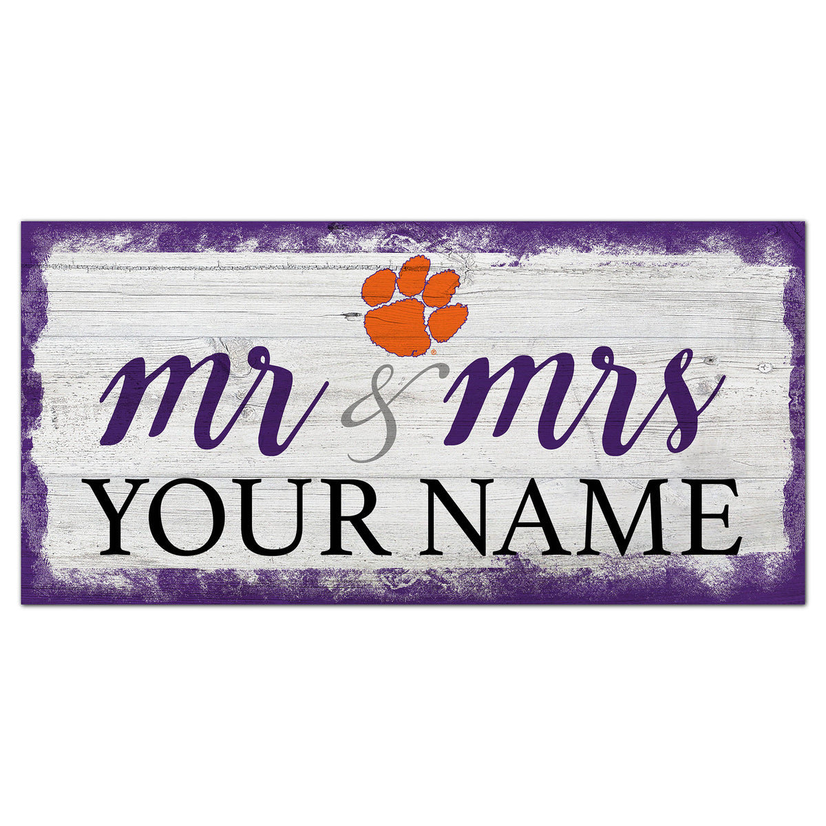 Clemson Tigers 6" x 12" Personalized Mr. & Mrs. Script Sign