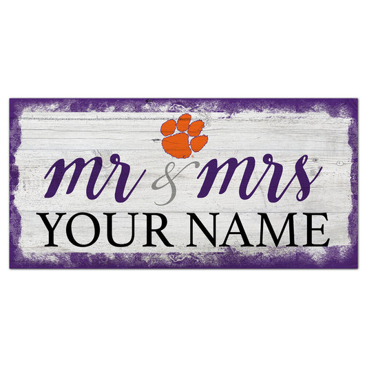 Clemson Tigers 6" x 12" Personalized Mr. & Mrs. Script Sign
