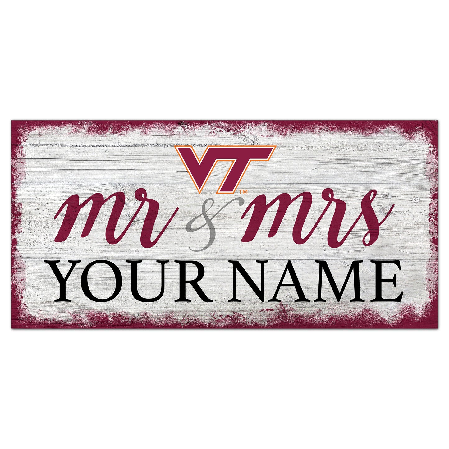 Virginia Tech Hokies 6" x 12" Personalized Mr. & Mrs. Script Sign