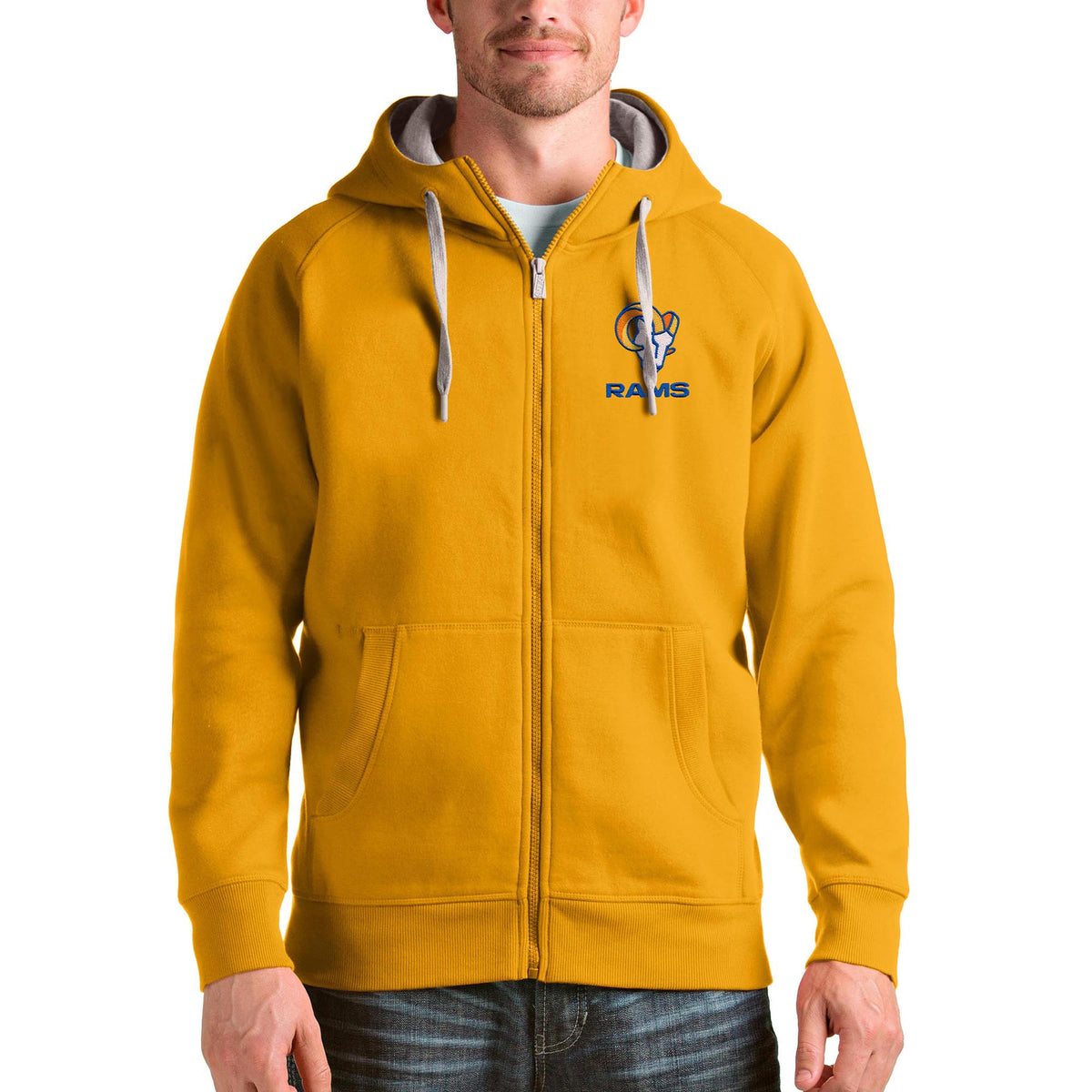 Men's Antigua Gold Los Angeles Rams Victory Full-Zip Hoodie