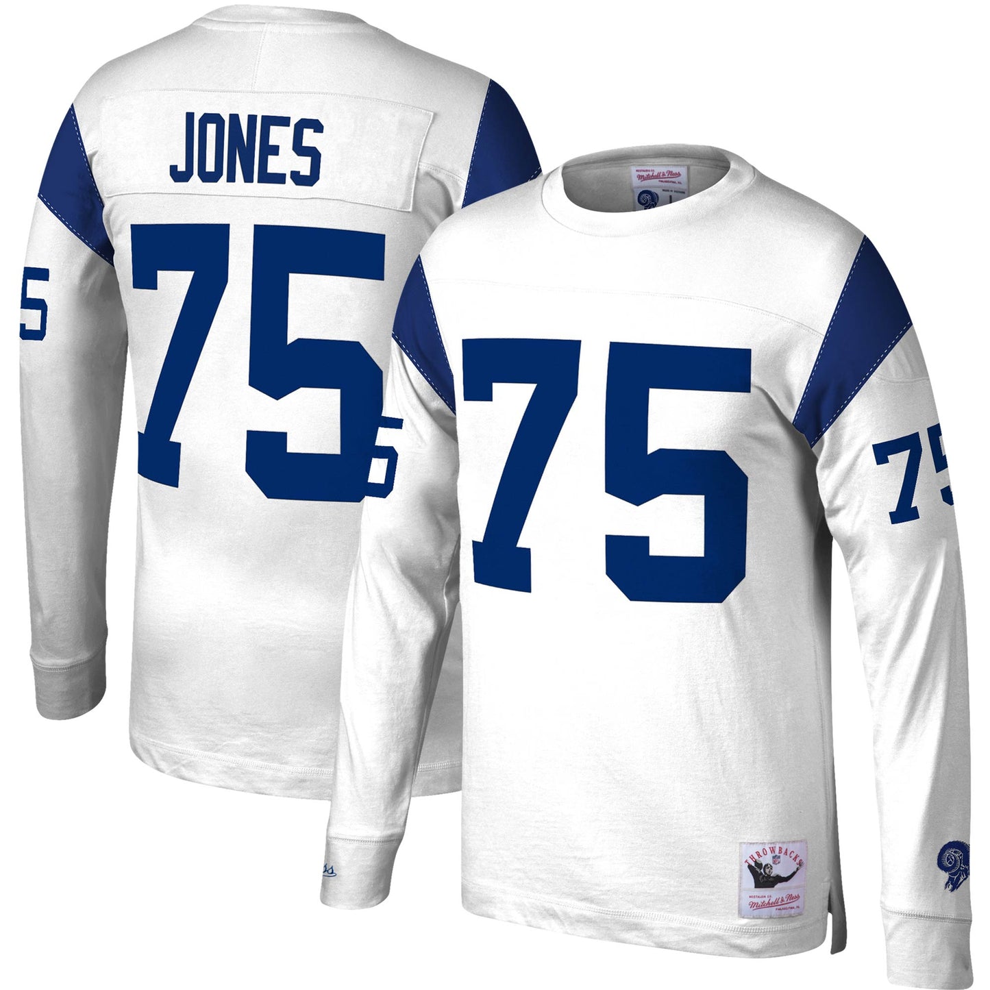 Men's Mitchell & Ness Deacon Jones White Los Angeles Rams Throwback Retired Player Name & Number Long Sleeve Top