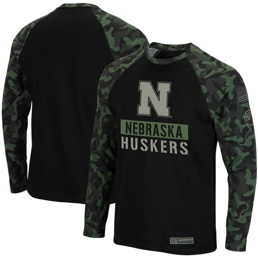 Men's Colosseum Black/Camo Nebraska Huskers OHT Military Appreciation Big & Tall Raglan Long Sleeve T-Shirt