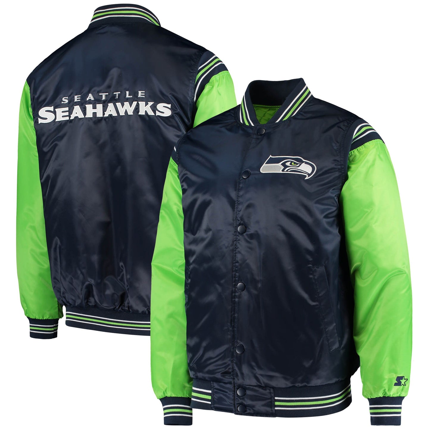 Men's Starter College Navy/Neon Green Seattle Seahawks Enforcer Satin Varsity Full-Snap Jacket