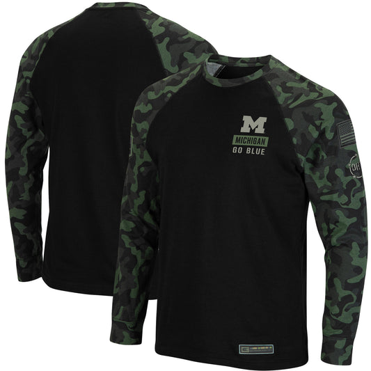 Men's Colosseum Black Michigan Wolverines OHT Military Appreciation Camo Raglan Long Sleeve T-Shirt